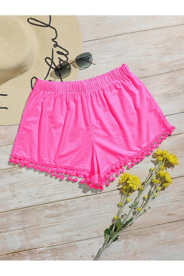 Ponponlu Deniz Şortu Summer Shorts Mikro Kumaş Likralı Şort - 1
