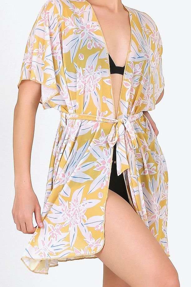Pareo Plaj Elbisesi Kimono Std Çiçekler Sarı - 4