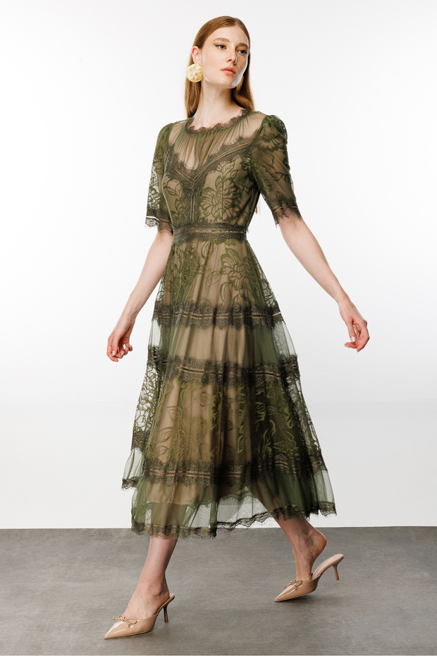 Dantel Detay Yeşil Elbise - 3