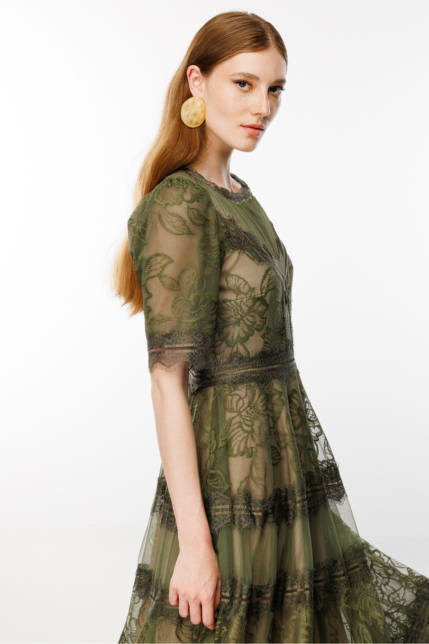 Dantel Detay Yeşil Elbise - 5