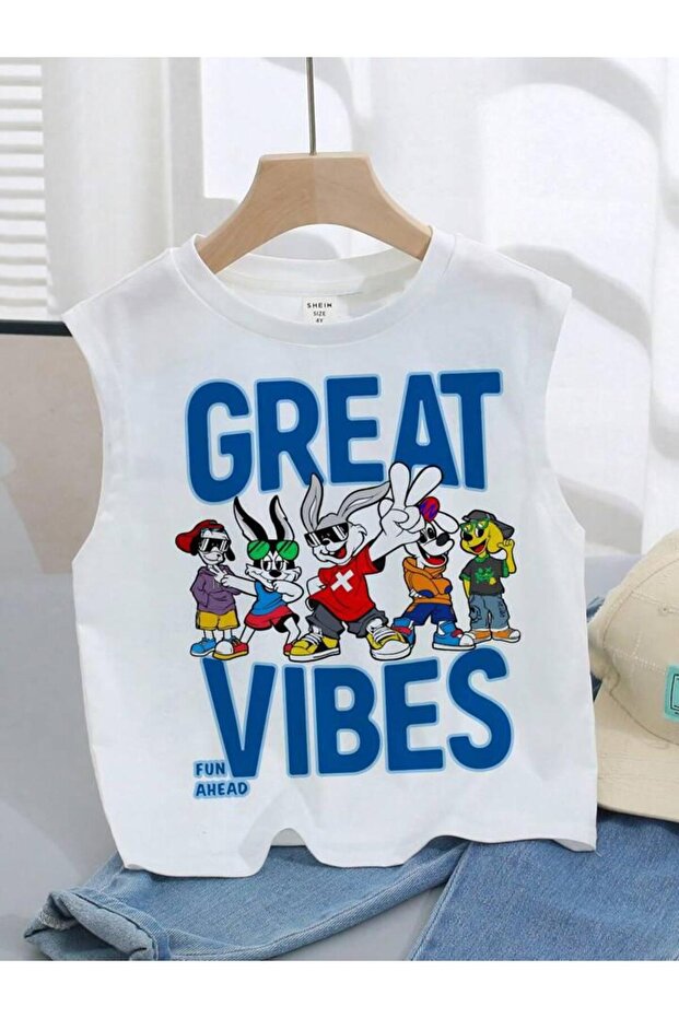 White Great Vibes Printed Girl-Boy Combed Cotton T-Shirt - Zero Sleeve
