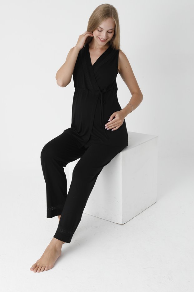 Front Tie Lace Detail Sleeveless Maternity and Maternity Sleepwear Set