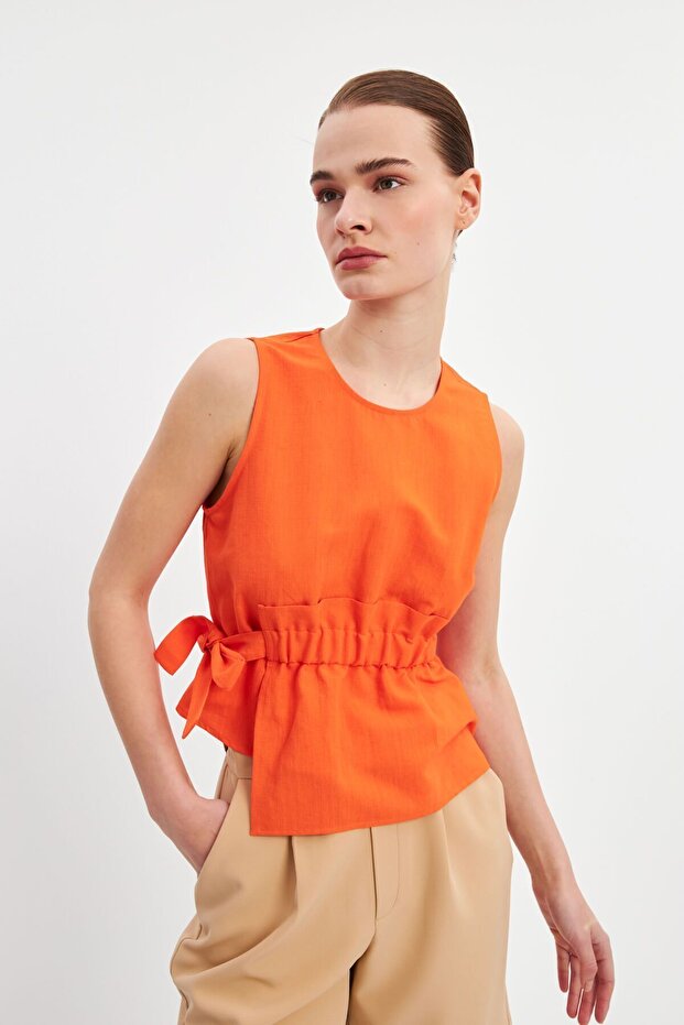 Orange Gathered Detailed Tied Linen Blouse