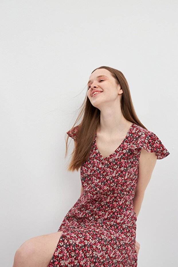 Kırmızı Volanlı Kuplu V Yaka Midi Elbise - 5