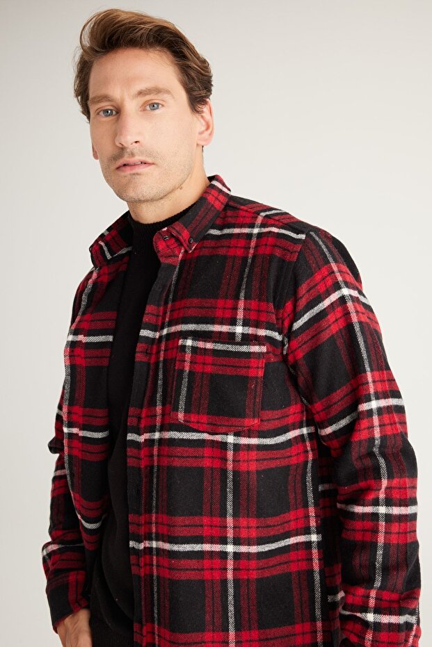 Erkek Bordo-siyah Comfort Fit Rahat Kesim Düğmeli Yaka Ekose Desenli Flanel Gömlek - 3