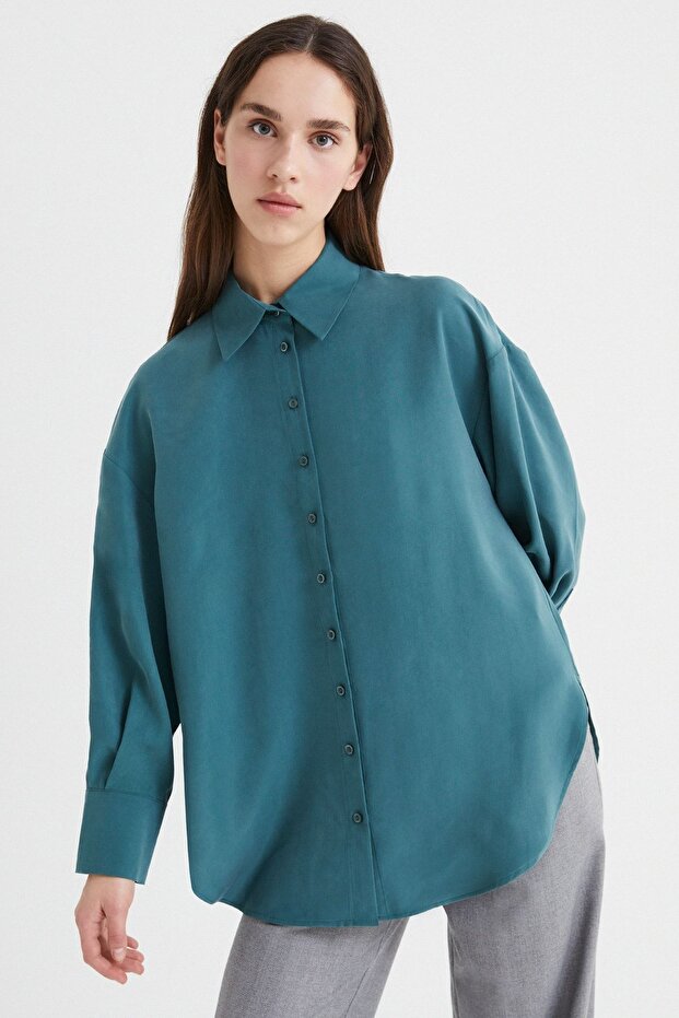 Yeşil Oversize Modal Gömlek - 3