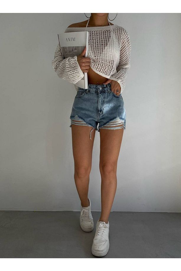 Kadın Yüksek Bel Önü Yırtık Detaylı Kot Şort Jean Denim Şort - 6