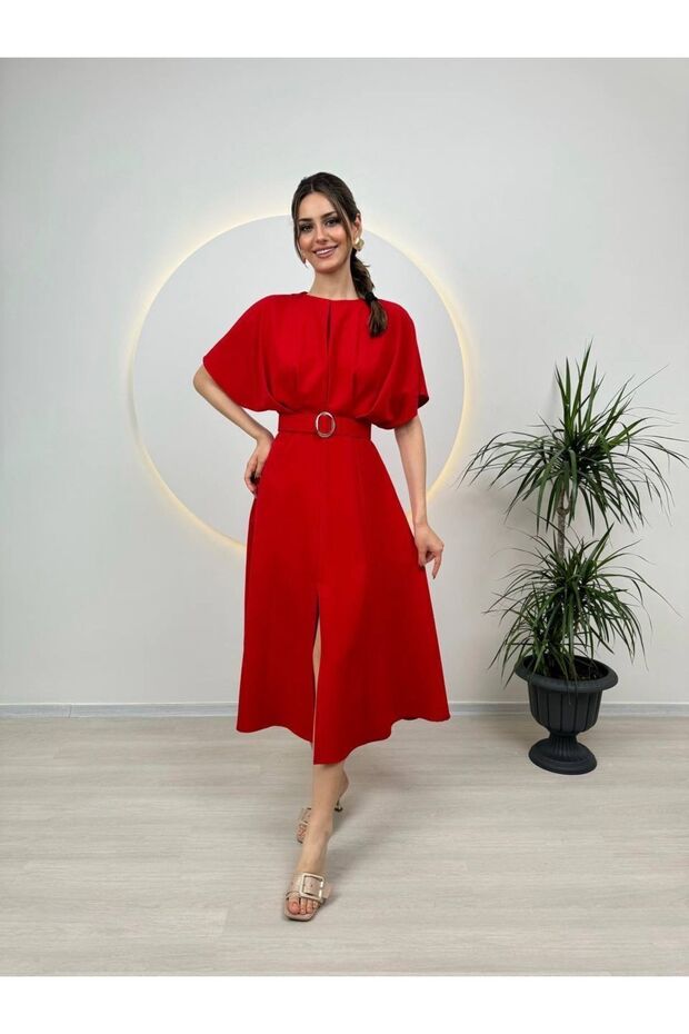 Red Belted Slit Pleat Detailed Midi Stylish Dress