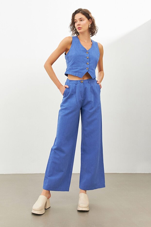 Blue Linen High Waist Wide Leg Pants