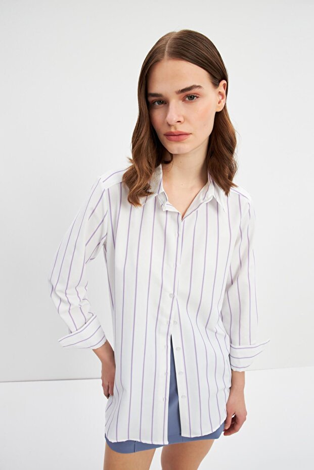 Lila Çizgili Basic Gömlek - 5