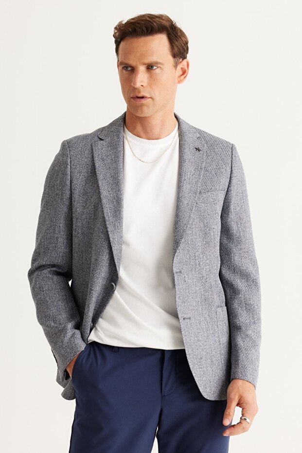 Erkek Antrasit Slim Fit Dar Kesim Mono Yaka Desenli Blazer Ceket - 8