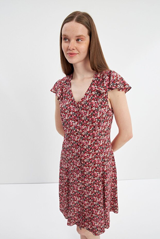 Kırmızı Volanlı Kuplu V Yaka Midi Elbise - 4