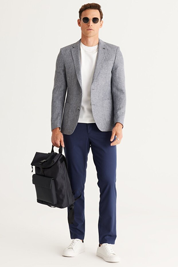 Erkek Antrasit Slim Fit Dar Kesim Mono Yaka Desenli Blazer Ceket - 6