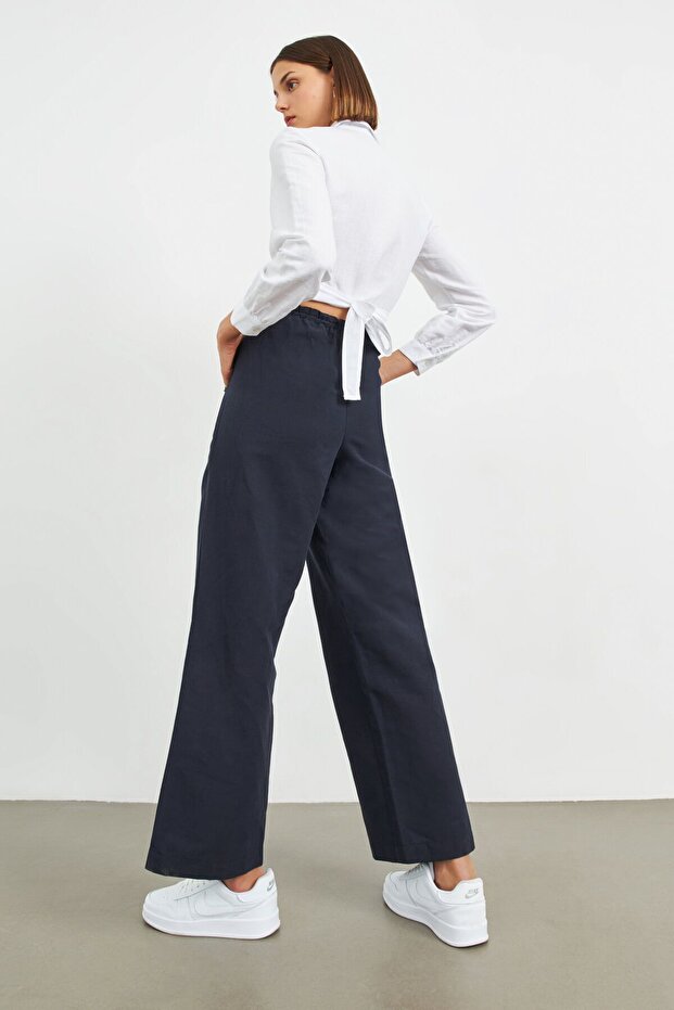 Μπλε Navy ελαστικό λινό μέσης Basic παντελόνι - 6