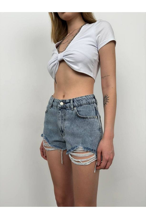 Kadın Yüksek Bel Önü Yırtık Detaylı Kot Şort Jean Denim Şort - 8
