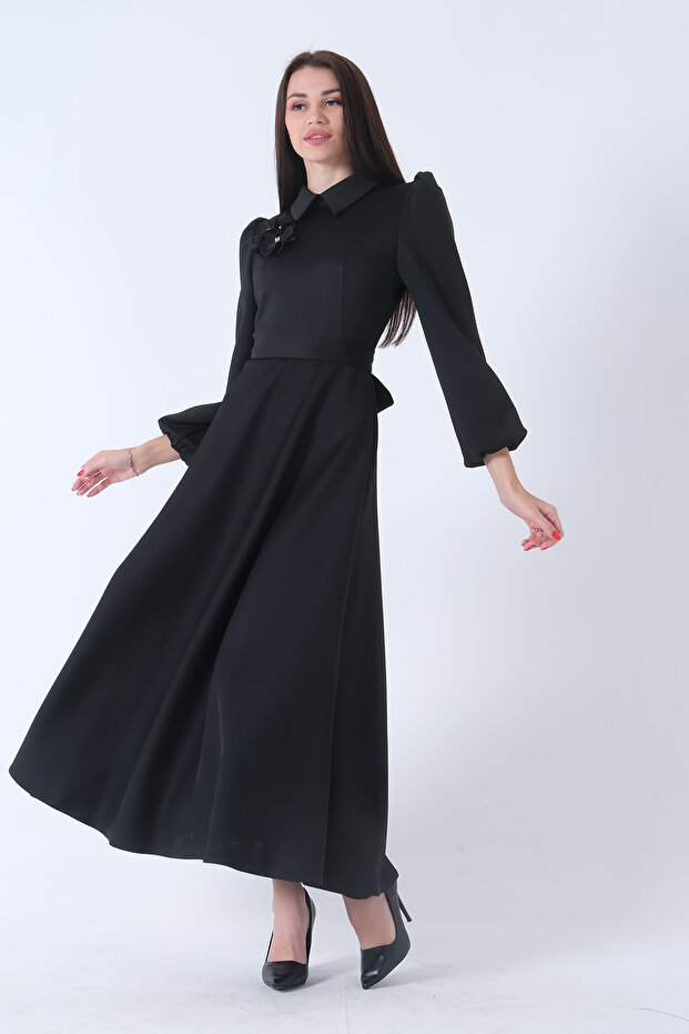Flared Dress with Belt Ties Black4593260