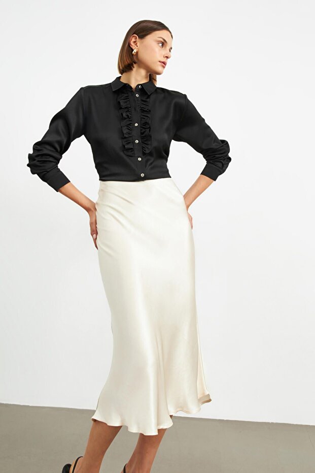 Ecru Elastic Waist Midi Satin Skirt
