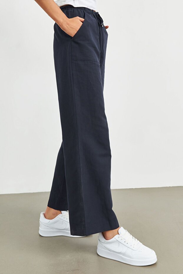 Μπλε Navy ελαστικό λινό μέσης Basic παντελόνι - 4
