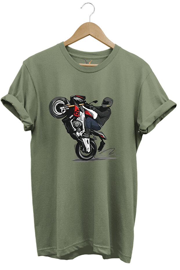 تي شيرت كاكي مطبوع من القطن بنسبة 100% من Front Lifter Racing Biker