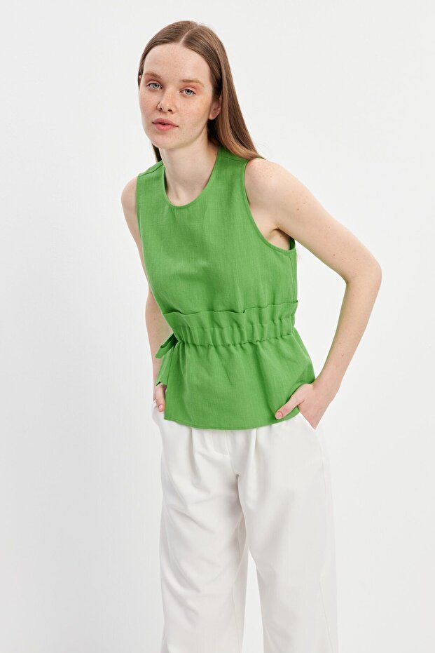 Green Gathered Detailed Tie-Up Linen Blouse
