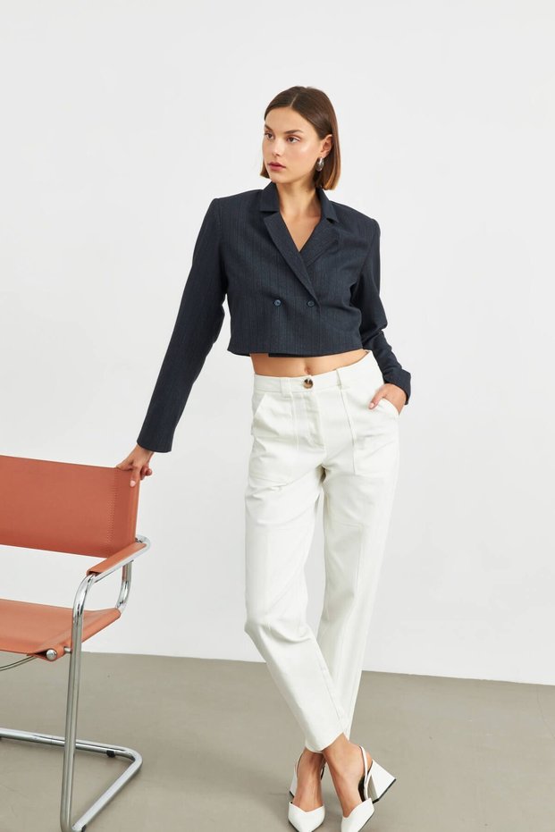 Cream Gabardine High Waist Pocket Carrot Trousers