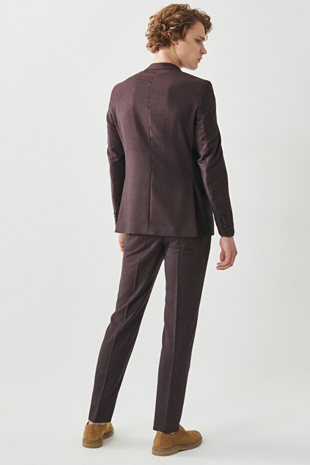 Erkek Bordo-gri Yünlü Ekstra Slim Fit Dar Kesim Mono Yaka Su Ve Leke Tutmayan Nano Takım Elbise - 6