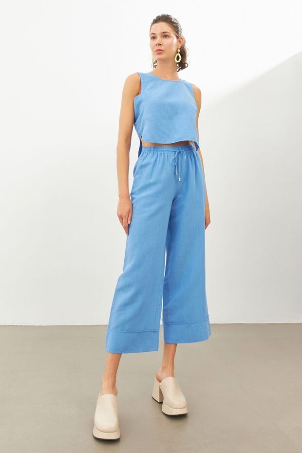 Blue Linen High Waist Trousers with Elastic Waist