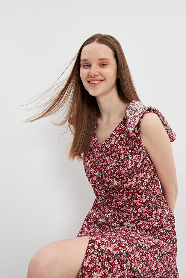 Kırmızı Volanlı Kuplu V Yaka Midi Elbise - 7