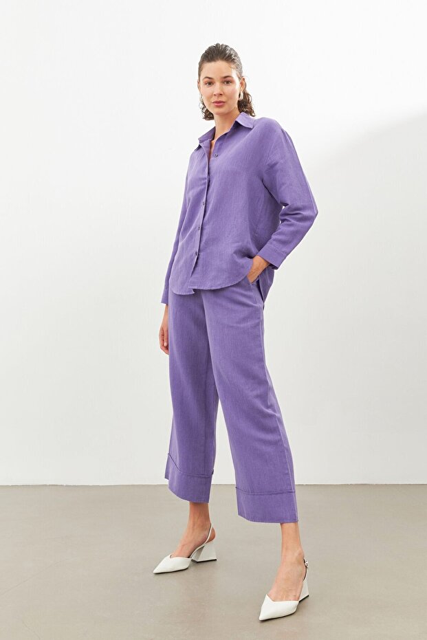Mor Keten Oversize Gömlek - 5