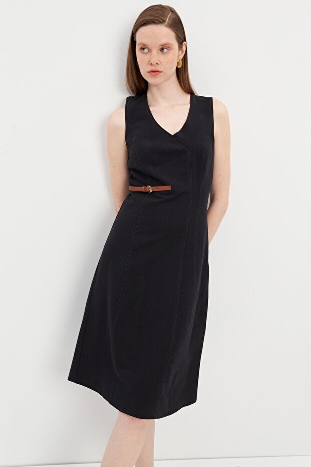 Black Piping Belt Detailed Linen Midi Dress