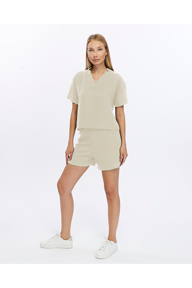 Linen Shorts Set and v-neck Blouse Women's Set