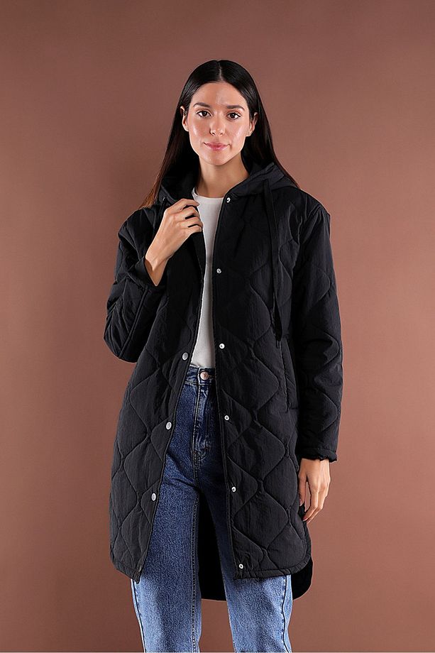 Çıtçıtlı Kapüşonlu Kapitone Uzun Siyah Mont - 2