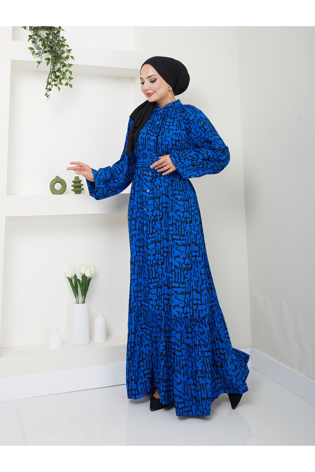Patterned Hijab Dress - Women, Prevailing Collar, Waist Belt