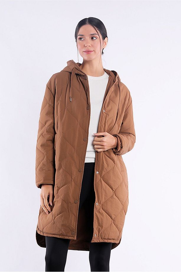 Çıtçıtlı Kapüşonlu Kapitone Uzun Bronz Mont - 2