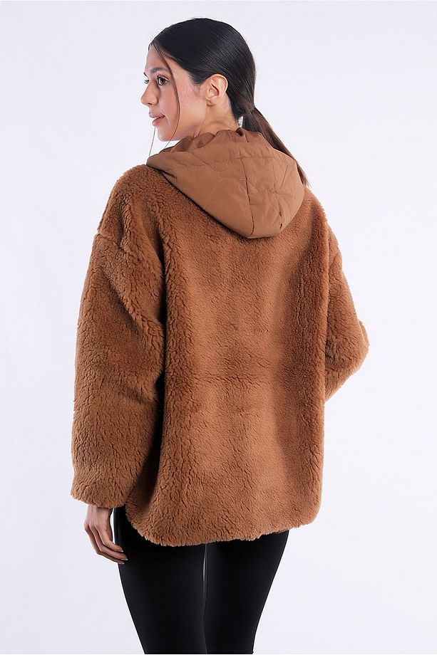 Suni Kürk Detaylı Kapitoneli Kapüşonlu Camel Mont - 4