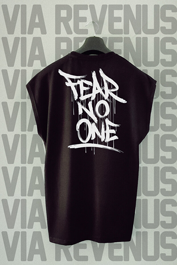 Fear No One Back Printed Zero Sleeve Black Sports Tshirt