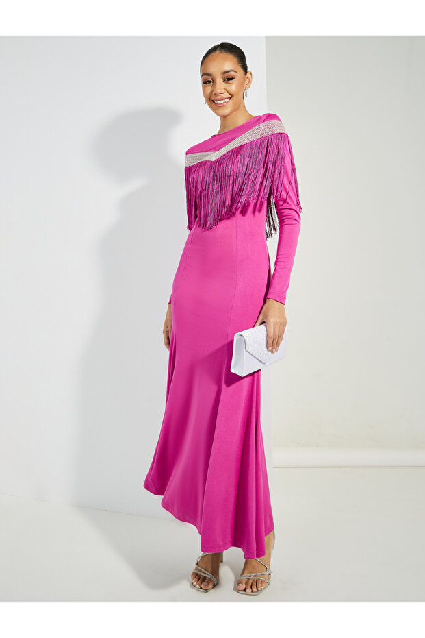 Embellished Long Sleeves Mermaid Maxi Dress with Tassels