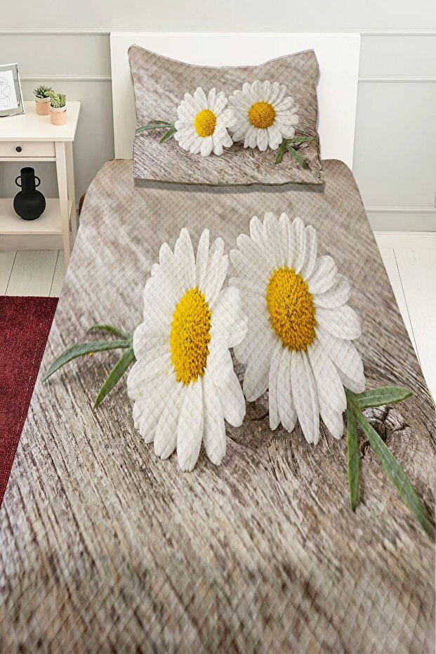 Sarı Gri Papatya  Desenli Baskılı Dekoratif Yatak Örtüsü Tek Kişilik Yastıklı Pike Takımı - 1