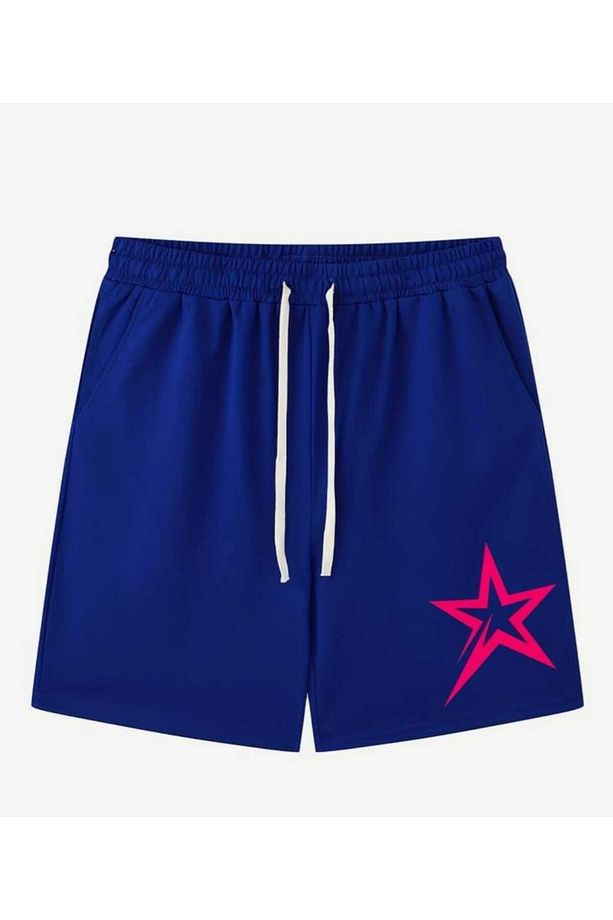 ÇOCUK SAKS MAVİ RENK PAMUK DOKUMA YILDIZ BASKILI YAZLIK UNISEX ŞORT&BERMUDA - 1