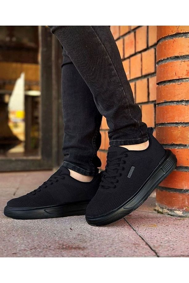 Yüksek/kalın Taban Siyah Bağcıklı Triko Ortopedik Tarz Erkek Sneaker - 1