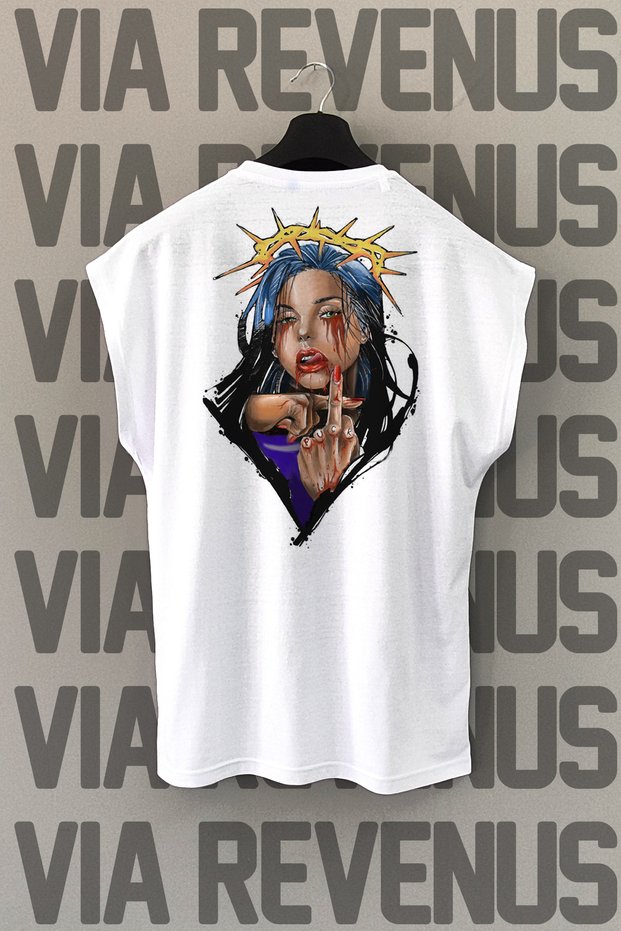 Bad Girl Back Printed Zero Sleeve White Sports Tshirt