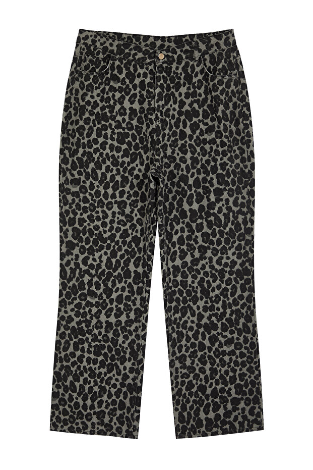 Antrasit Yüksek Bel Leopar Desenli Straight Fit Büyük Beden Jeans TBBAW25CJ00003 - 6