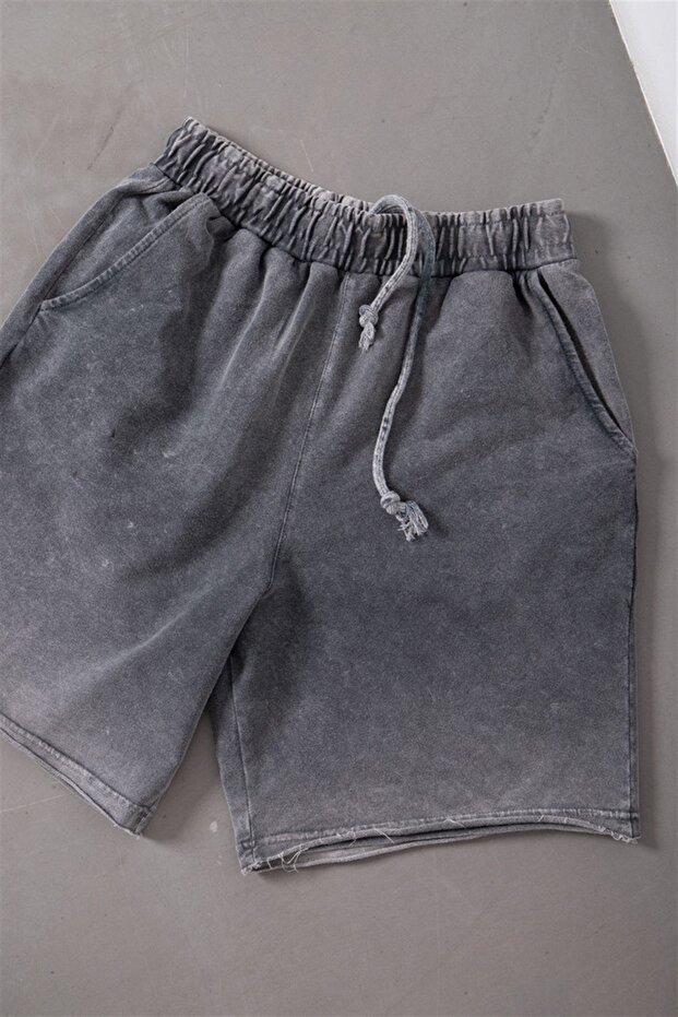 Erkek Yıkamalı Basic Siyah Şort - 4