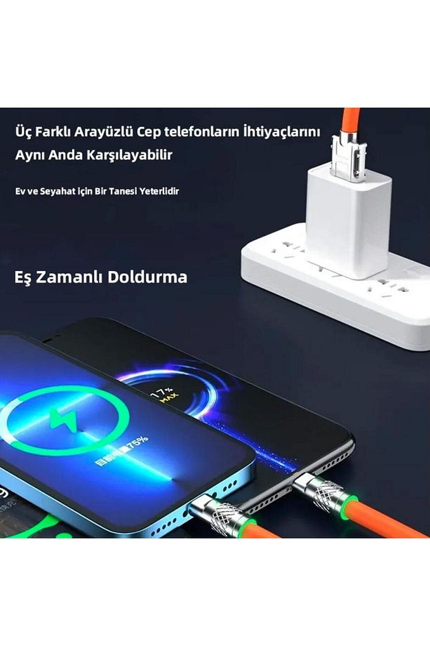 ® 3 in 1 Type-C + Micro Usb + Lightning Hızlı Şarj Kablosu Silikon Kablo 1 Metre Opp Ambalaj - 4
