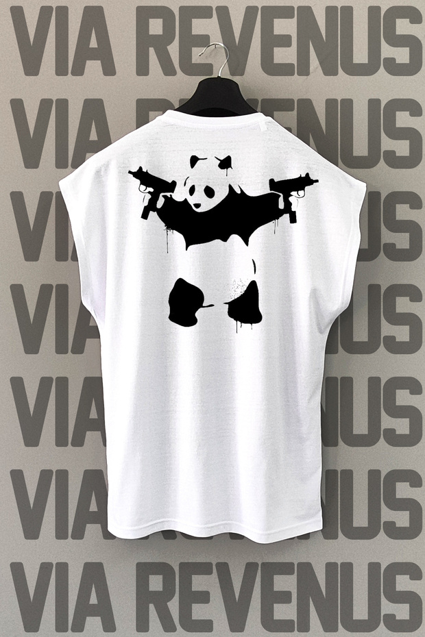 Panda Back Printed Sleeveless White Sport T-shirt