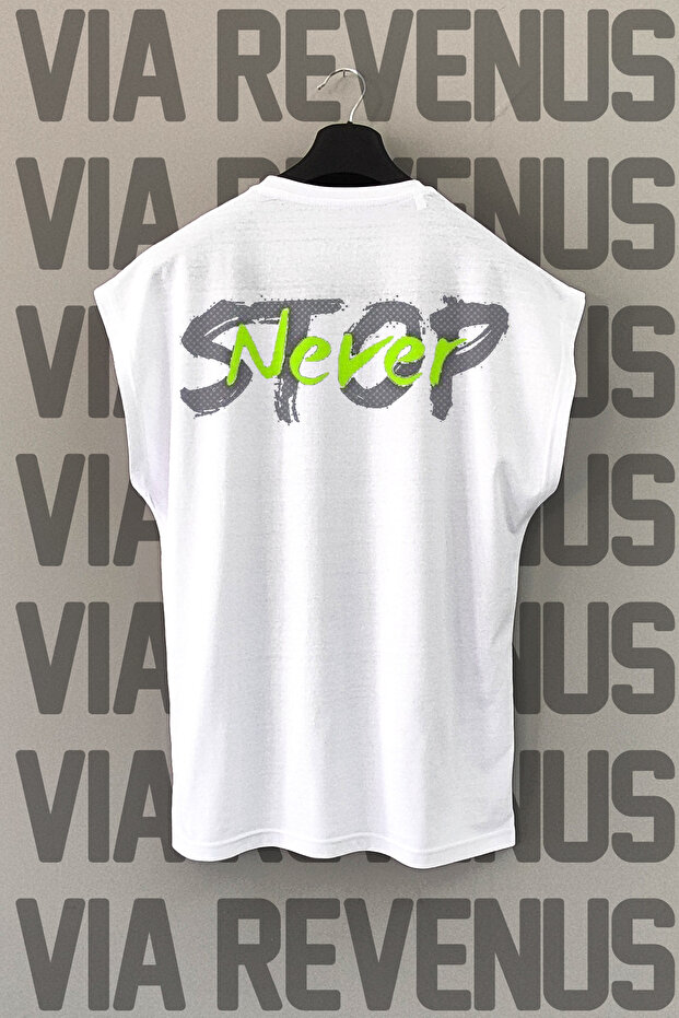 Never Stop Back Printed Sleeveless White Sports Tshirt