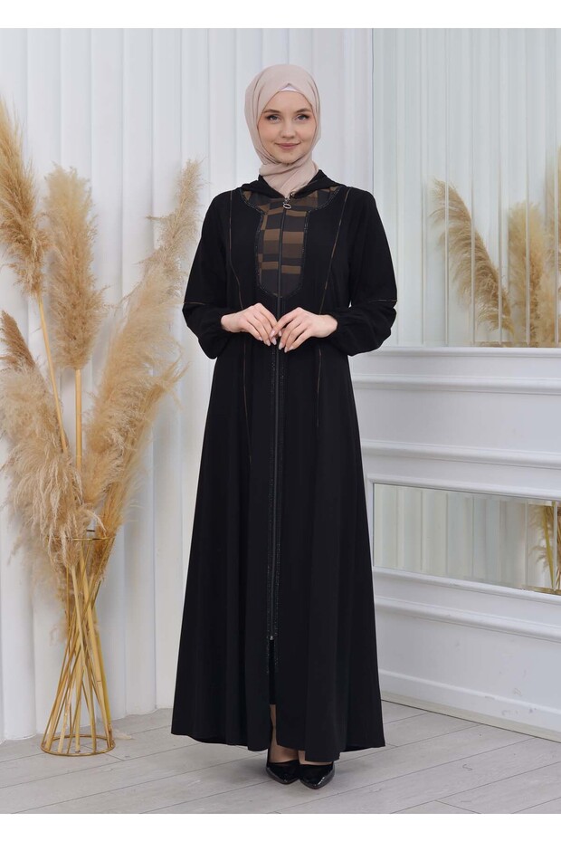 Diamond Laser Printed Hooded Zippered Summer Hijab Abaya 608