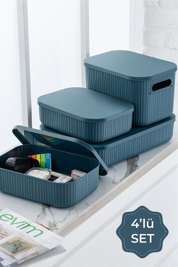 4'lü Line Kapaklı Saklama Kutusu 1x(6,8 LT 6,2 LT) 2x(3,2 LT) Mavi - 1