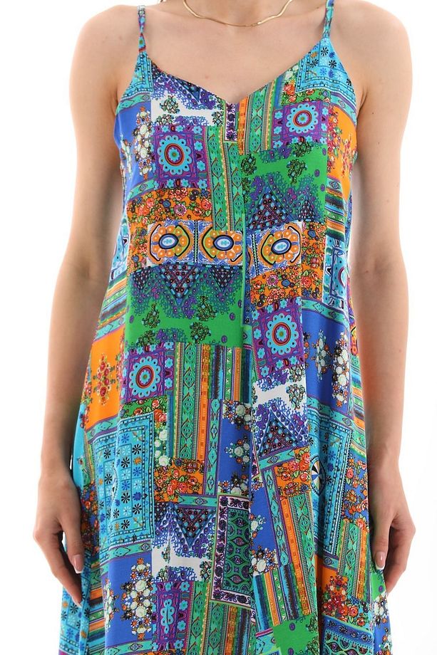 Patchwork Düz Askılı Viskon Elbise - 8