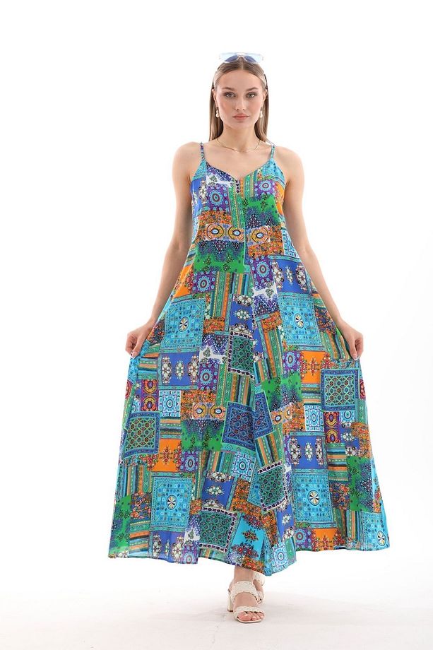 Patchwork Düz Askılı Viskon Elbise - 1